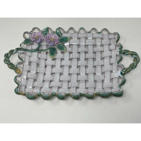 Italian Majolica‎ Weave Ceramic Decorative Tray Floral